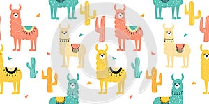 Seamless pattern with decorated lamas in poncho and cactus. Trendy cartoon print.