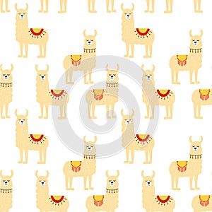 Seamless pattern with decorated lamas in poncho. Trendy cartoon print.