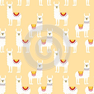 Seamless pattern with decorated lamas. Trendy cartoon print.