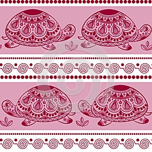 Seamless pattern with decorated turtles. Ethnic turtle.