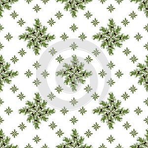 Seamless pattern, decoration, background of natural green branches of pine collected in various geometric shapes