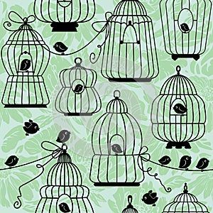 Seamless pattern with decorative bird cage Silhouettes
