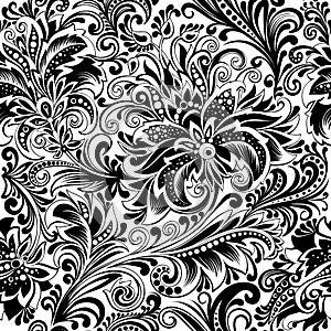 Seamless pattern decorative black and white branches of flowers