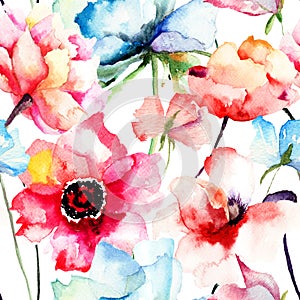 Seamless pattern with Decorative blue flower