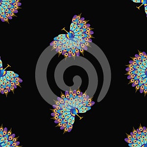 Seamless pattern of decorative blue peacocks
