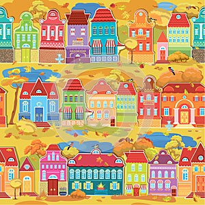 Seamless pattern with decorative colorful houses, fall or autumn