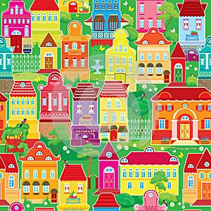 Seamless pattern with decorative colorful houses photo