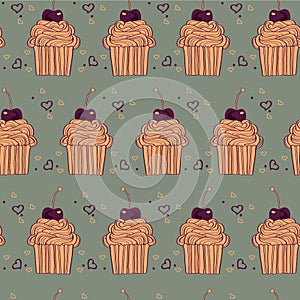 seamless pattern with decorative cupcakes in vintage colors