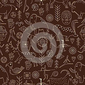 Seamless pattern with decorative elements and man from rock art. Prehistoric drawings. Outline