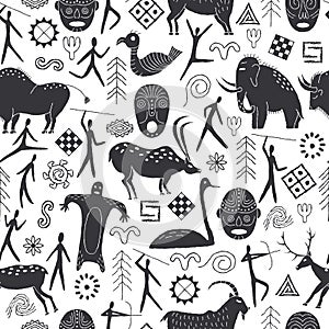 Seamless pattern with decorative elements and man from rock art. Prehistoric drawings. Outline