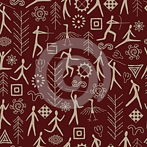 Seamless pattern with decorative elements and man from rock art. Prehistoric drawings. Outline