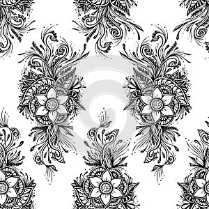 Seamless pattern with decorative flowers in black white