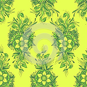 Seamless pattern with decorative flowers in green