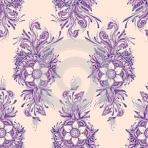 Seamless pattern with decorative flowers in pink lilac