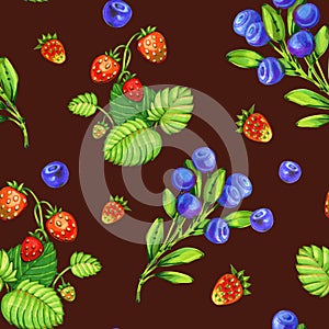 Seamless pattern with decorative forest berries, green branches drawn by markers