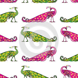 Seamless pattern of decorative green and pink peackoks