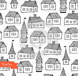 Seamless pattern with decorative houses in pastel colors. City background.