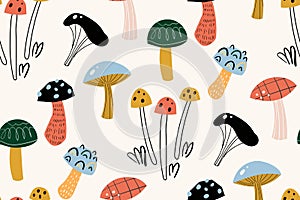 Seamless pattern with decorative mushrooms in the Scandinavian style. Perfect for kids fabric, textile, nursery