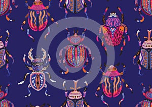 Seamless pattern with decorative ornamental beetles. Fantasy vector illustration