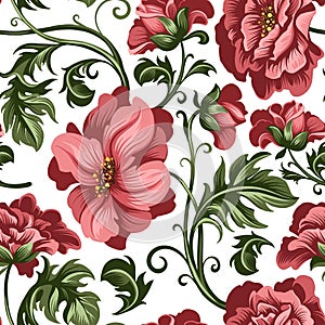 Seamless pattern of decorative red peony and rose flowers