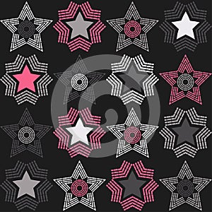 Seamless pattern with decorative stars of curved stripes. Design with manual hatching. Textile. Ethnic boho ornament.