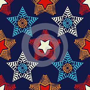 Seamless pattern with decorative stars of curved stripes. Design with manual hatching. Textile. Ethnic boho ornament.