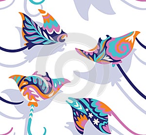 Seamless pattern with decorative sting ray or manta creatures. Gzel style