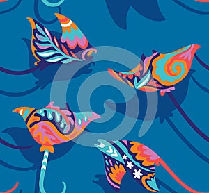 Seamless pattern with decorative sting ray or manta creatures, isolated on blue background. Gzel style