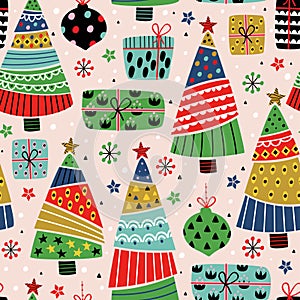 Seamless pattern with decorative tree and gifts