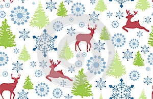 Seamless pattern with deer, Christmas tree and snowflake for winter holidays design