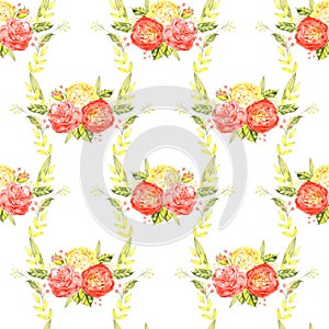 Seamless pattern with delicate bouquets of roses, rosehip flowers, Floral motif