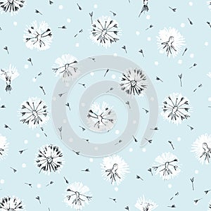 Seamless pattern with delicate dandelion flower heads on blue background