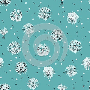 Seamless pattern with delicate dandelion flower heads on blue background