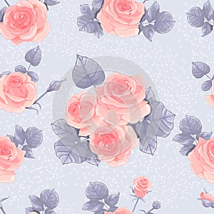 Seamless pattern with delicate pink roses and leaves on a gray background. Vector illustration