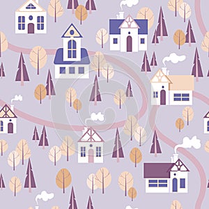 Seamless pattern in delicate purple lavender pastel colors. Vector illustration city landscape cute houses autumn trees. For