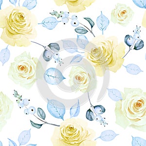 Seamless pattern of delicate yellow roses with snowberry branches and blue leaves on white background. Hand drawn watercolor