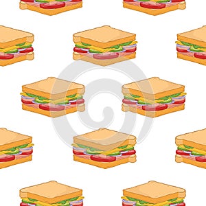 Seamless pattern with delicious sandwiches on white background. Tasty appetizing fast food meal for lunch or dinner