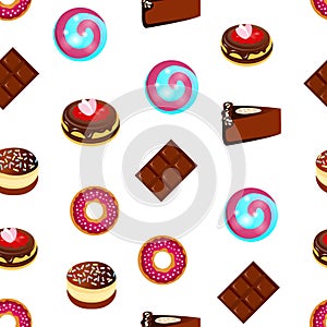 Seamless pattern, Delicious sweets, cakes and chocolate, cartoon