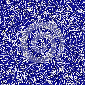 Seamless pattern dense grass plants ornament, leaves branches royal blue white. Repeating floral nature background delicate dense