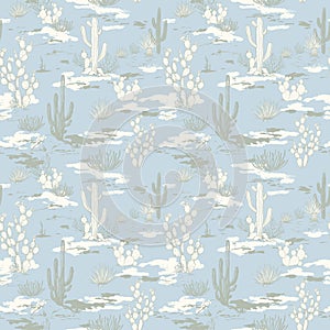 Seamless Pattern of Desert Landscape with Cacti and Vegetation. Wild West Surface Poster Design for All Fabrics and photo