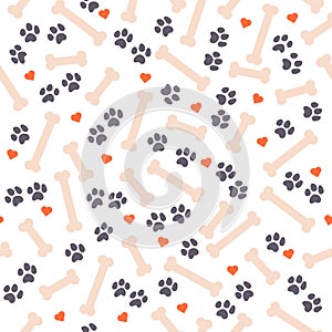 Seamless pattern design with  dog paw traces, bone silhouettes and heart shapes isolated on white background.