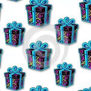 Vibrant black Gift Boxes Seamless Pattern Design on white background