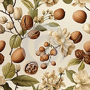 Seamless pattern design featuring watercolour hazelnuts for fabric or packaging