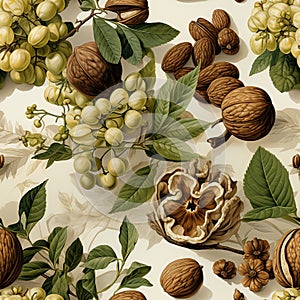 Seamless pattern design featuring watercolour hazelnuts for fabric or packaging