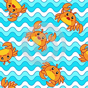Seamless pattern design of a funny red crab on a blue surface.
