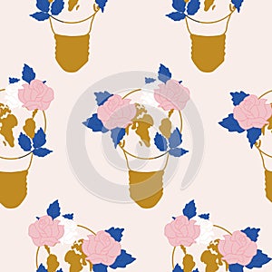 Seamless pattern design with golden light bulb and roses
