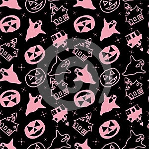 Seamless pattern design for Halloween. Cute pink color vector fabric design for the day of the dead