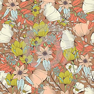 Seamless pattern design with hand drawn flowers and floral elements