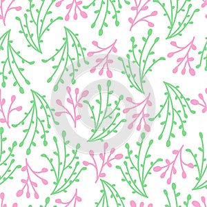 Seamless pattern design of pink and green branches, floral decorative vector background.