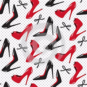 Seamless pattern design red and black glossy high heeled shoes vector illustration.